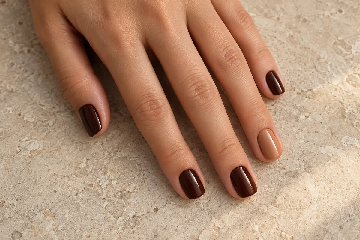 Short chocolate brown fall nail style idea with one caramel nude accent nail