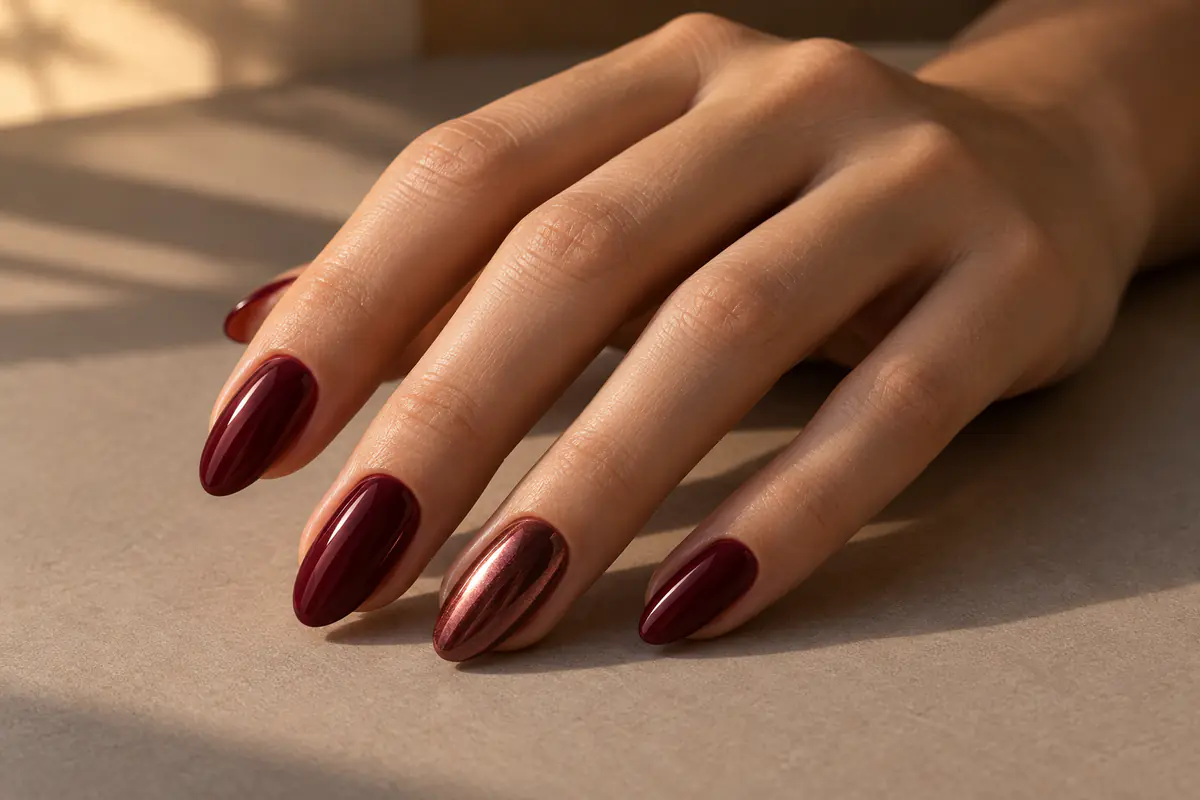 Almond burgundy fall nail style idea with one metallic copper accent nail