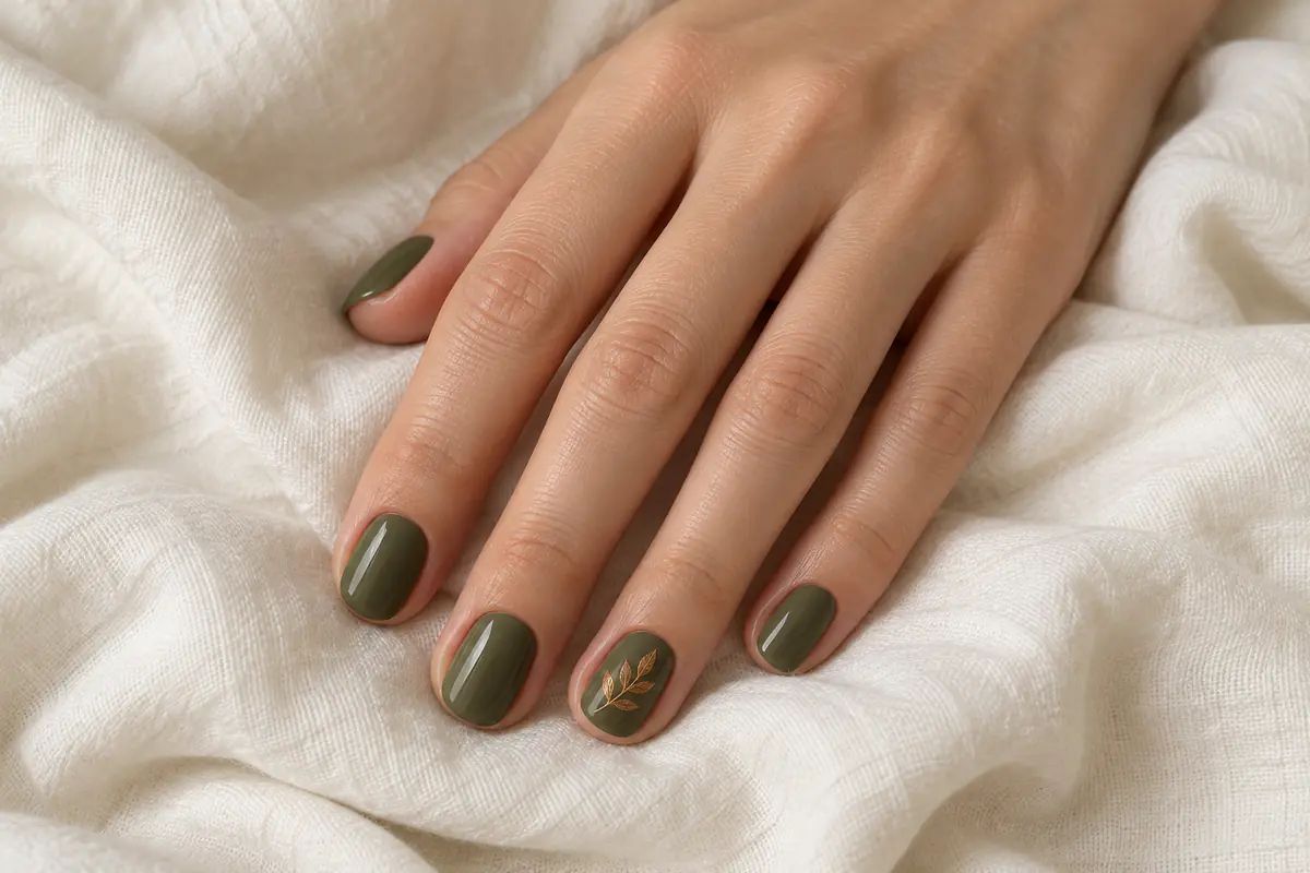 Short olive green fall nail style idea with a small gold leaf design on one nail