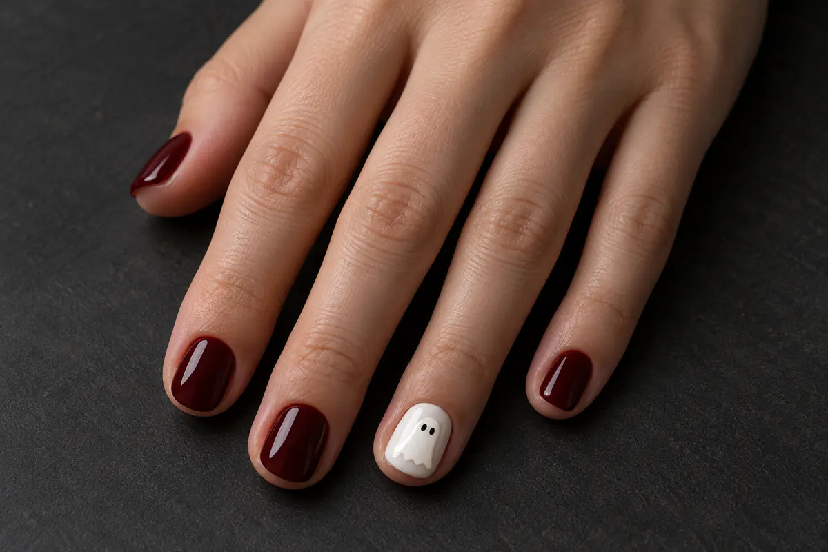 Short black-cherry red Halloween nail style idea with one white ghost accent nail