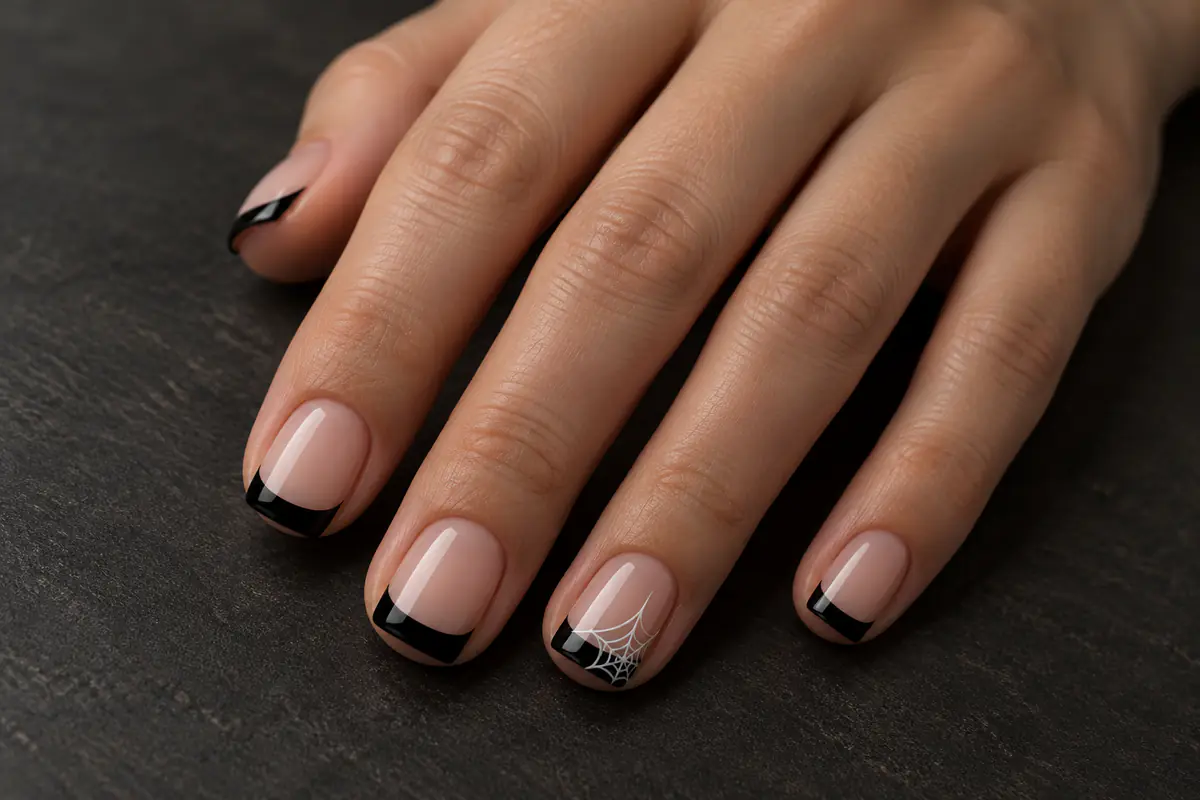 Short black French tip Halloween nail style idea with one spider-web accent nail