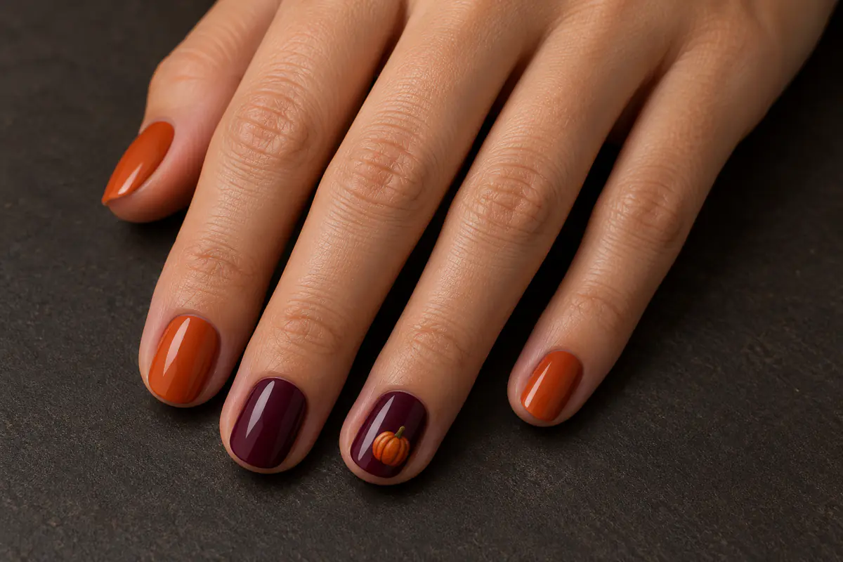 Burnt orange and deep plum Halloween nail style idea with one small pumpkin accent nail